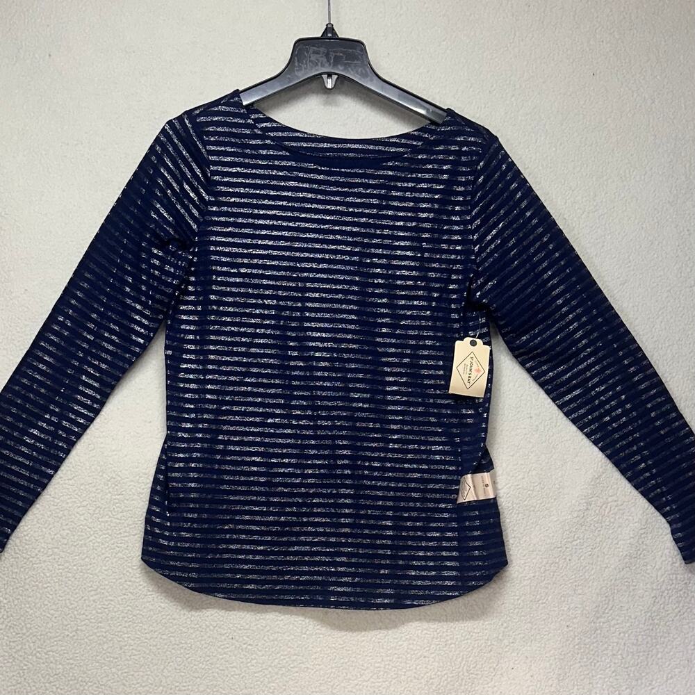 St John’s Bay Navy Metallic Stripe Long Sleeve Top Small NWT